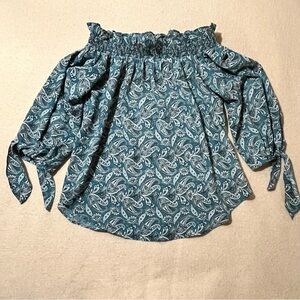 Michael Kors Teal Blue Off Shoulder Bardot Paisley Tie Sleeve Top Blouse M